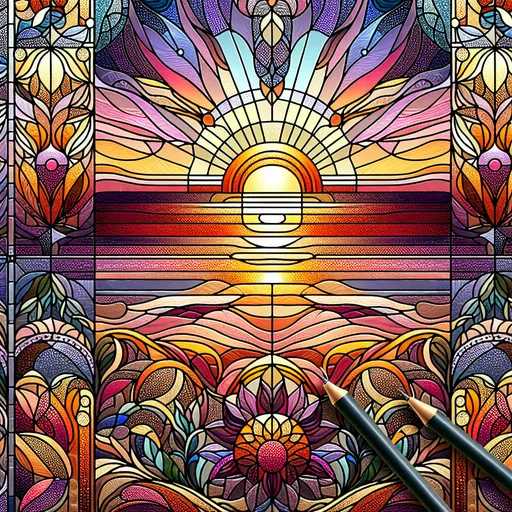 Prompt: Design of a sunset stained glass pattern