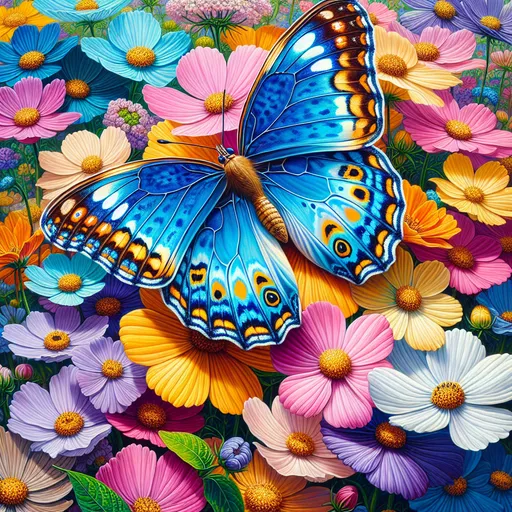 Prompt: A butterfly sitting on spring flowers