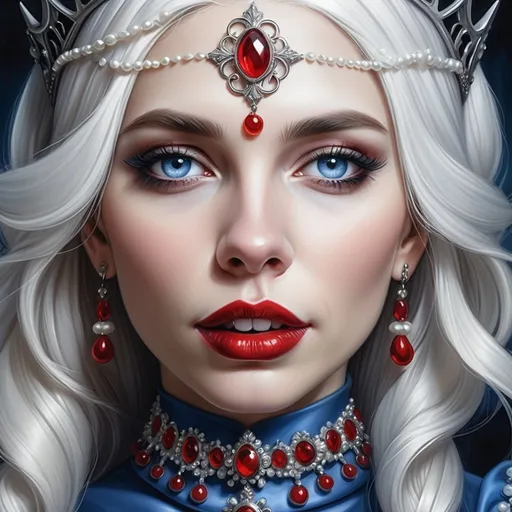 Prompt: a woman with  white hair, blue eyes, a tiara and pearls on her head and a red lip and a blue dress with a red and white collar, Anne Stokes, gothic art, highly detailed digital painting, a detailed painting