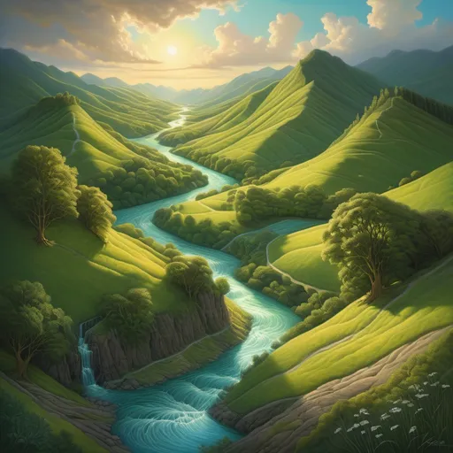 Prompt: A broken heart, intricately detailed, revealing a breathtaking landscape within, vibrant greens of hills and sparkling blue rivers flowing, warm golden sunlight casting gentle shadows, evoking feelings of nostalgia and sorrow, with soft clouds drifting in a serene sky, ultra-detailed, immersive composition, rich colors blending harmoniously to illustrate emotional depth and beauty.