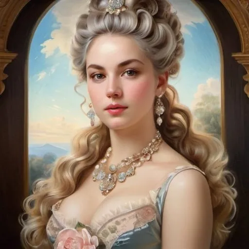 Prompt: Rococo era portrait of a woman, oil painting, luxurious clothing, elaborate hairstyle, ornate jewelry, soft pastel colors, soft and diffused lighting, high quality, detailed brushwork, elegant and refined, opulent setting, intricate lace details, classic beauty, historical art, Rococo style, delicate features, aristocratic charm