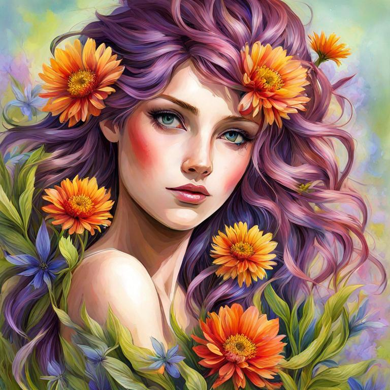 Prompt: a fairy of spring, ,wildflowers, vivid colors,  facial closeup