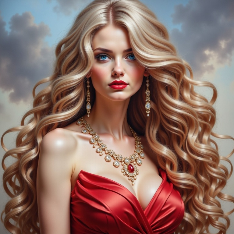 Prompt: a painting of a woman with long blonde hair wearing a red dress and a necklace with a diamond on it, Artgerm, figurative art, highly detailed digital painting, a photorealistic painting