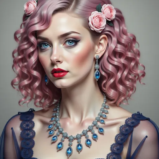 Prompt: a woman with pink hair and blue eyes wearing a necklace and earrings with roses on her head and a necklace with pearls, Edwin Georgi, photorealism, highly detailed digital painting, a photorealistic painting