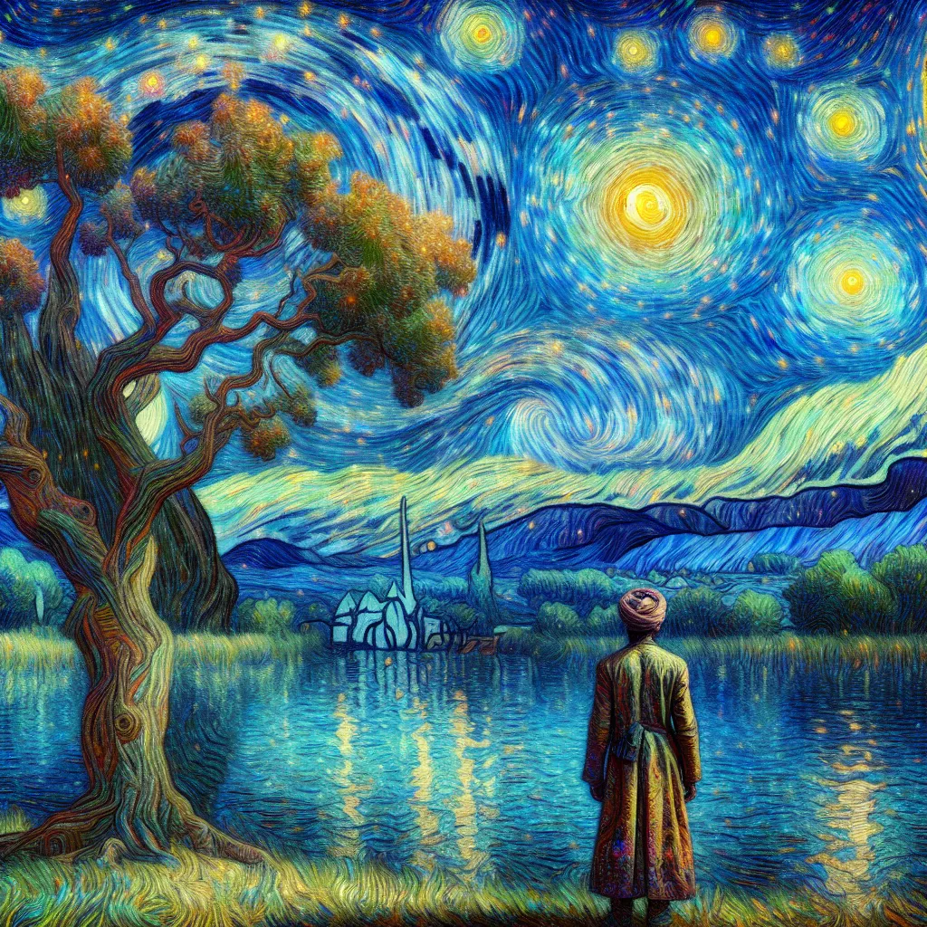 Prompt: a painting of a man standing in front of a tree and a lake with stars in the sky above, Van Gogh, Anato Finnstark, psychedelic art, intricate oil painting, a detailed painting