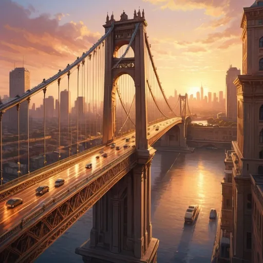 Prompt: Stunning digital art of a majestic bridge, intricate architectural details, realistic textures, vibrant colors, high quality, digital painting, warm tones, golden hour lighting, breathtaking perspective, expansive cityscape in the background, bustling traffic, impressive scale, masterful craftsmanship