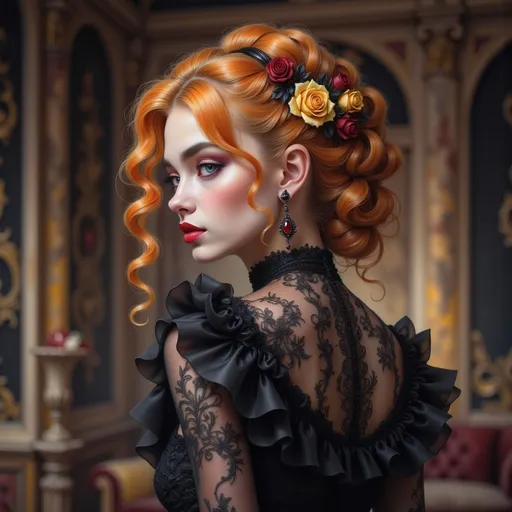 Prompt: With cascading, vibrant orange curls framing her delicate face, a young woman exudes elegance in a striking black lace gown adorned with ruffles and intricate detailing. Her expressive profile, accentuated by soft makeup and dramatic earrings, captures a moment of poise, while a floral hair accessory adds a touch of romance. The richly decorated backdrop, featuring dark, floral patterns, hints at an opulent indoor setting, bathed in soft, warm lighting that enhances the graceful contours of her silhouette. The overall composition conveys an air of sophistication and nostalgia, inviting viewers to partake in a story wrapped in elegance and charm.