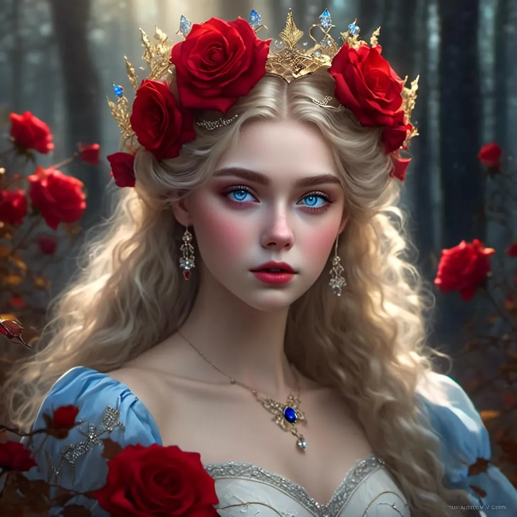 Prompt: <mymodel>Fairy tale, beautiful girl with white skin, (perfect face), light golden hair, blue pupils, red lips, forest style, mysterious, vintage fashion-dresses, with a transparent crystal crown on her head, the woman's body is so white Glows, (high detail) sitting on an oversized red rose, hyperdetail, ultra high definition.