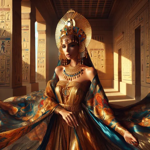 Prompt: Pharaoh's Daughter, (regal and dignified posture), wearing an ornate golden headdress, intricately detailed flowing robe adorned with vibrant color patterns of deep blue and rich gold. Set against the background of an opulent ancient Egyptian palace, opulent hieroglyphs visible, warm golden sunlight casting shadows, evoking a majestic and serene atmosphere. (highly detailed) (vibrant colors) (4K quality)