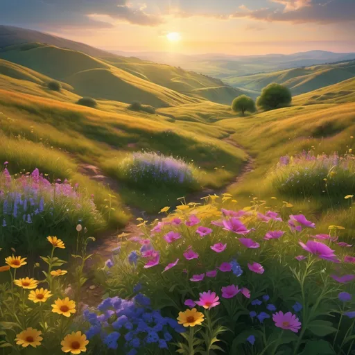 Prompt: The most beautiful, a breathtaking landscape adorned with vibrant wildflowers, golden sunlight illuminating the scene, soft hills rolling into the distance, gentle breeze creating a serene atmosphere, lush greenery enhancing the vibrancy, high detailed 4K quality, romantic and enchanting ambiance, presenting nature at its most stunning, vivid color palette, a masterpiece of tranquility and beauty.