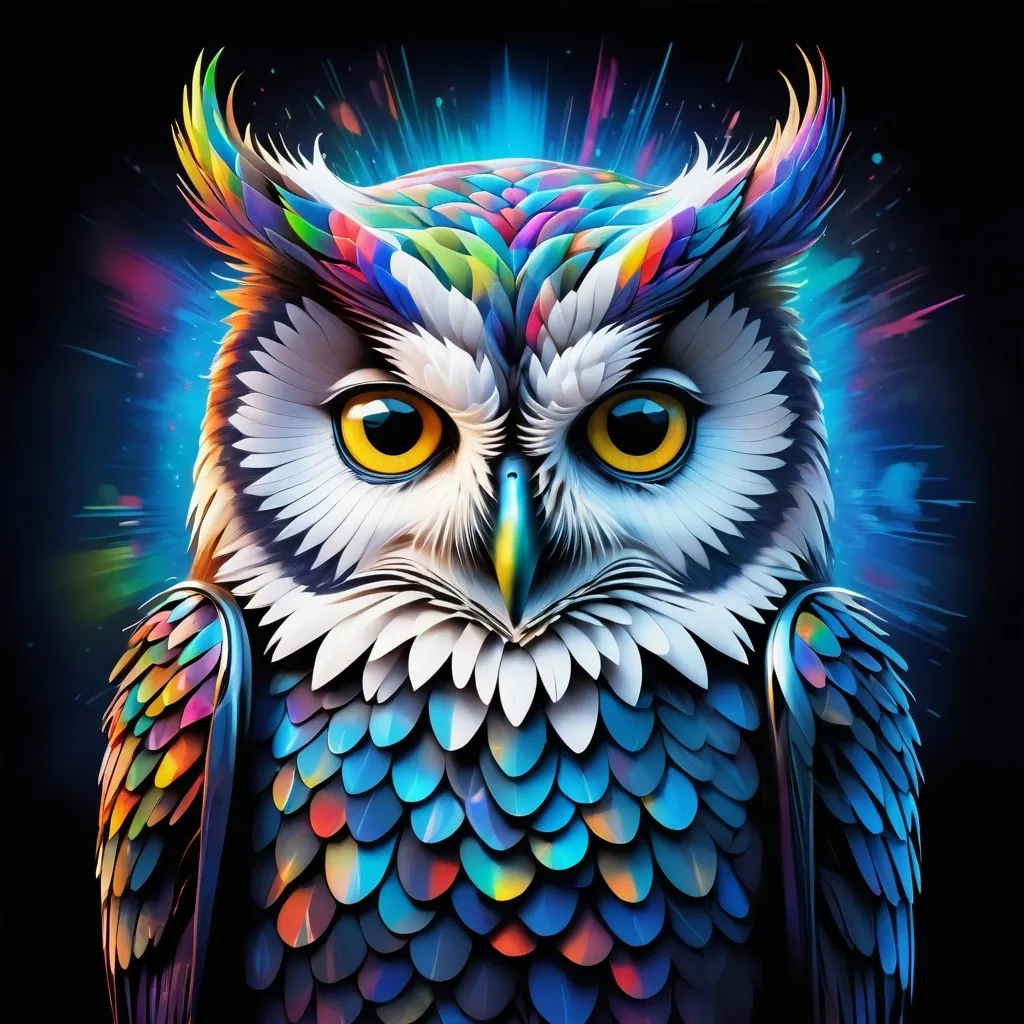 Prompt: an owl with a colorful background and a blue background with a white background and a black background with a blue background and a white background with a, Android Jones, holography, highly detailed digital art, a hologram