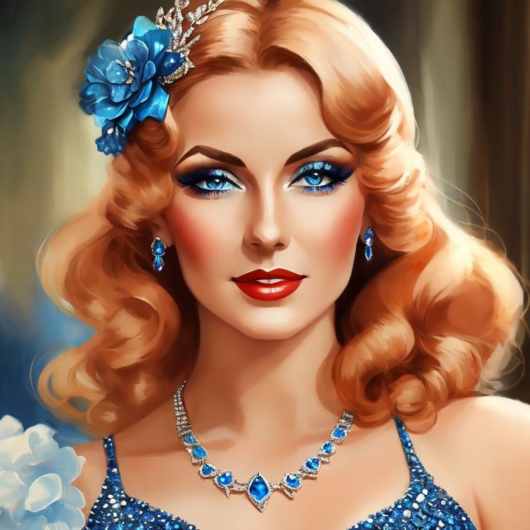 Prompt: Glamorously dressed lady of rhe 1930's wearing sapphire jewelry,blue eyes