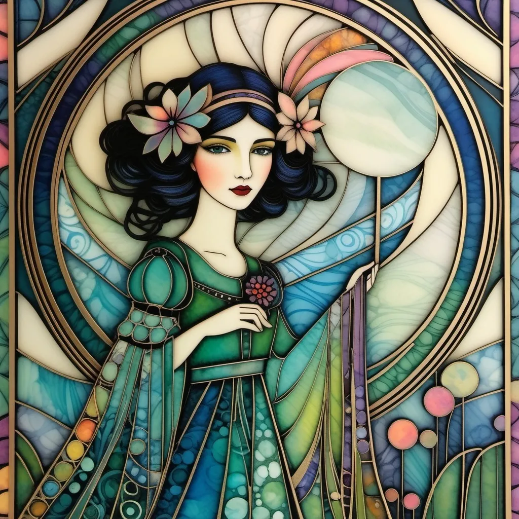 Prompt: Abstract encaustic texture, gradient inking colors, Jessica Galbreth, Irmgard Schoendorf Welch, Javier Mariscal, Charles Rennie Mackintosh, Lee Mullican style, a beautiful whimsical young woman, wonderland, decoupage.