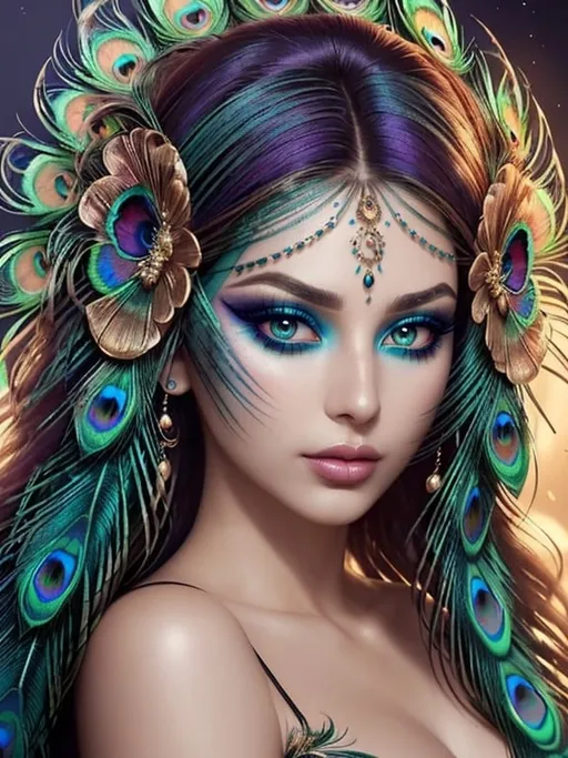 Prompt: Gorgeous woman with beautiful makeup and hair, peacock feathers, high-quality, detailed, realistic, elegant, vibrant colors, professional makeup, glamorous lighting, 4k resolution, portrait, detailed facial features, luxurious, exotic, peacock feathers, elegant hairstyle, stunning makeup, beauty shot