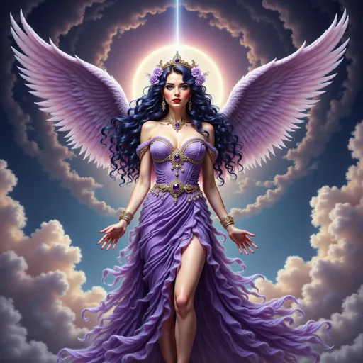 Prompt: A winged woman with raven black hair and purple eyes, adorned with amethyst jewels, wearing a flowing purple gown standing in an ethereal nebula background, full body, highres, detailed, fantasy, vibrant colors, flowing and ethereal clothes, radiant lighting, majestic, surreal, paradise setting, 