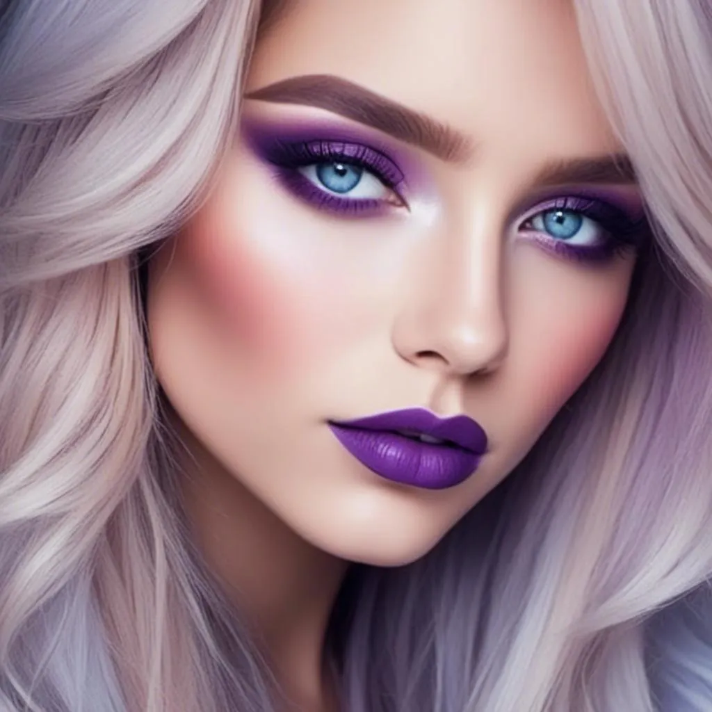 Prompt: <mymodel>Beautiful ethereal woman, long blonde hair,and icy blue eyes color, purple lipstick, facial closeup