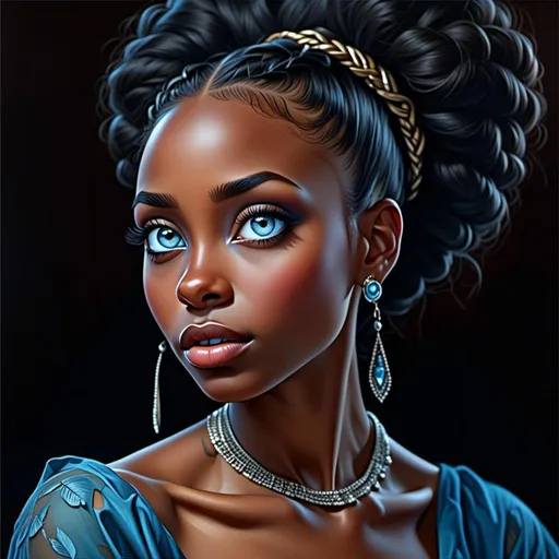 Prompt: <mymodel>Highly realistic oil painting of an elegant black woman, mesmerizing striking blue eyes, regal posture, intricate braided hair, rich and warm skin tones, luxurious velvet gown, detailed jewelry, classic portrait style, impeccable lighting, high quality, ultra-realistic, oil painting, regal, detailed eyes, elegant, warm tones, luxurious, classic portrait, professional lighting