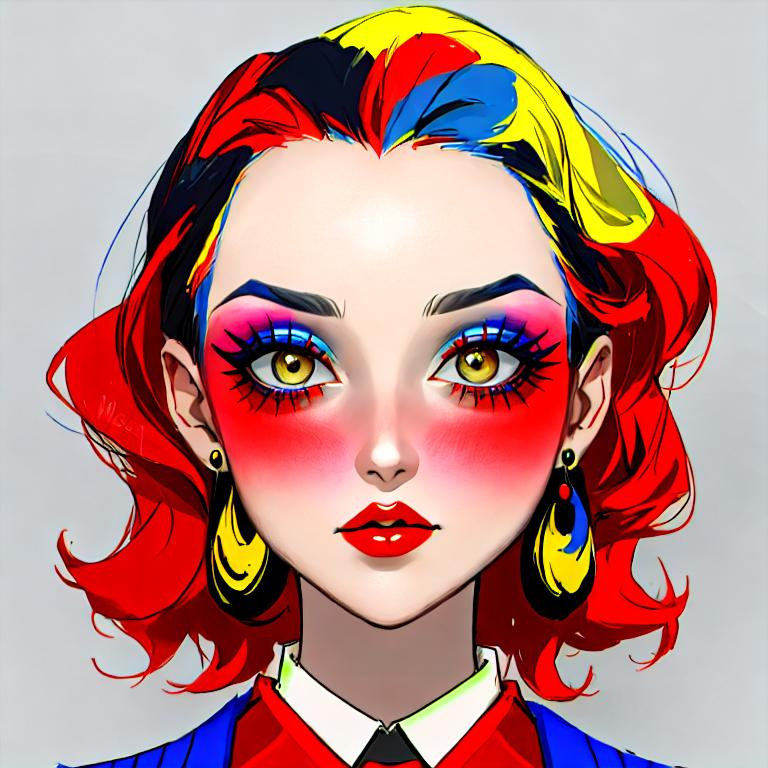 Prompt: A woman all in primary colors, pretty makeup