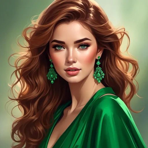 Prompt: <mymodel>Detailed illustration of a woman in vibrant green attire, large vivid green eyes, elegant makeup, digital painting, high resolution, realistic style, vibrant green, professional lighting