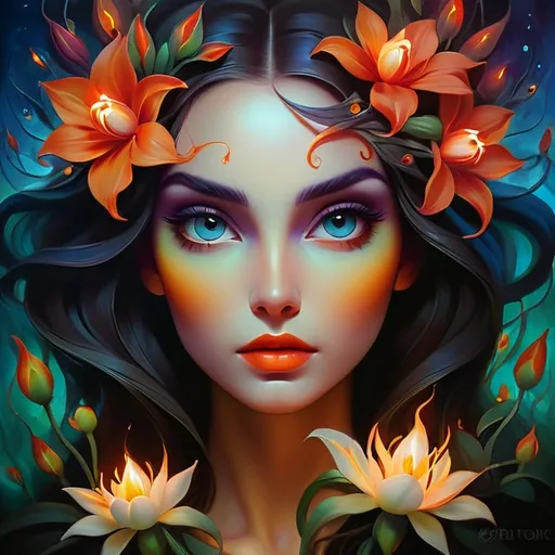 Prompt: Beautiful  hybrid woman with flowers sprouting from her, oil painting, ethereal glow, dark and mysterious, high quality, vibrant colors, surreal, haunting, intricate floral details, intense gaze, mystical atmosphere, oil painting, demon, hybrid, fiery eyes, ethereal, vibrant colors, surreal, haunting, floral details, intense gaze, mystical atmosphere