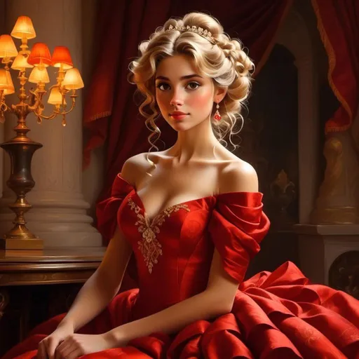 Prompt: <mymodel>High-quality digital painting of a teenage princess with blonde hair in a bun, wearing a stunning red dress, big pretty eyes, royal ambiance, detailed fabric textures, elegant crown, soft lighting, warm tones, professional, regal, detailed eyes, royal gown, digital painting, warm lighting, late teens, blonde bun hairstyle, royal ambiance