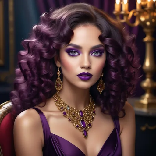 Prompt: A striking portrait captures a woman with luxurious, deep purple, voluminous curls that frame her face, accentuating her captivating features. Her bold, red lips contrast beautifully with her flawless complexion, and her expressive eyes, defined by elegant makeup, draw the viewer in. Adorned in an opulent purple gown, she wears an intricate gold necklace embellished with colorful gemstones that highlights her neck and décolletage. The vibrant backdrop features a geometric pattern in rich colors—orange, yellow, and deep green—creating a dynamic and artistic atmosphere that enhances her regal presence. The overall composition conveys a sense of glamor and sophistication, inviting admiration for both her beauty and the aesthetic harmony of the scene.