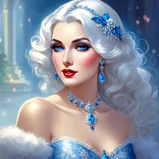 Prompt: A beautiful woman, snow white hair with pastel highlights, frosty blue eyes, blue eyeshadow, blue jewels on forehead<mymodel>