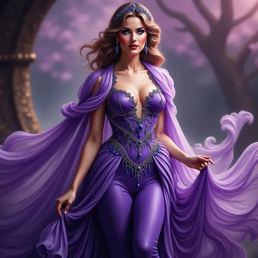 Prompt: Elegant lady in stunning purple outfit, flowing fabric, captivating details, soft draping textures, shimmering accessories, mystical atmosphere, ethereal glow, dreamy background of blurred purples and violets, ultra-detailed composition, sophisticated and regal, conveying grace and beauty, high-resolution, vivid tones, enchanting vibe, capturing an air of mystery and allure.