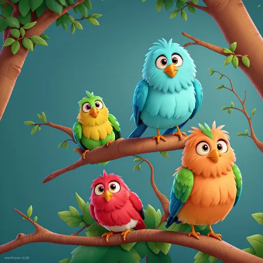 Prompt: Cartoon illustration of birds in a tree, vibrant colors, warm atmosphere, big expressive eyes, high quality, vibrant colors, cute cartoon, detailed fur, playful, whimsical, warm lighting