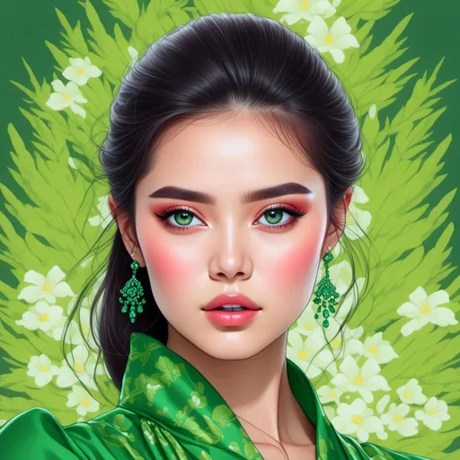 Prompt: <mymodel>Detailed illustration of a asian woman in vibrant green attire, large vivid green eyes, elegant makeup, digital painting, high resolution, realistic style, vibrant green, professional lighting