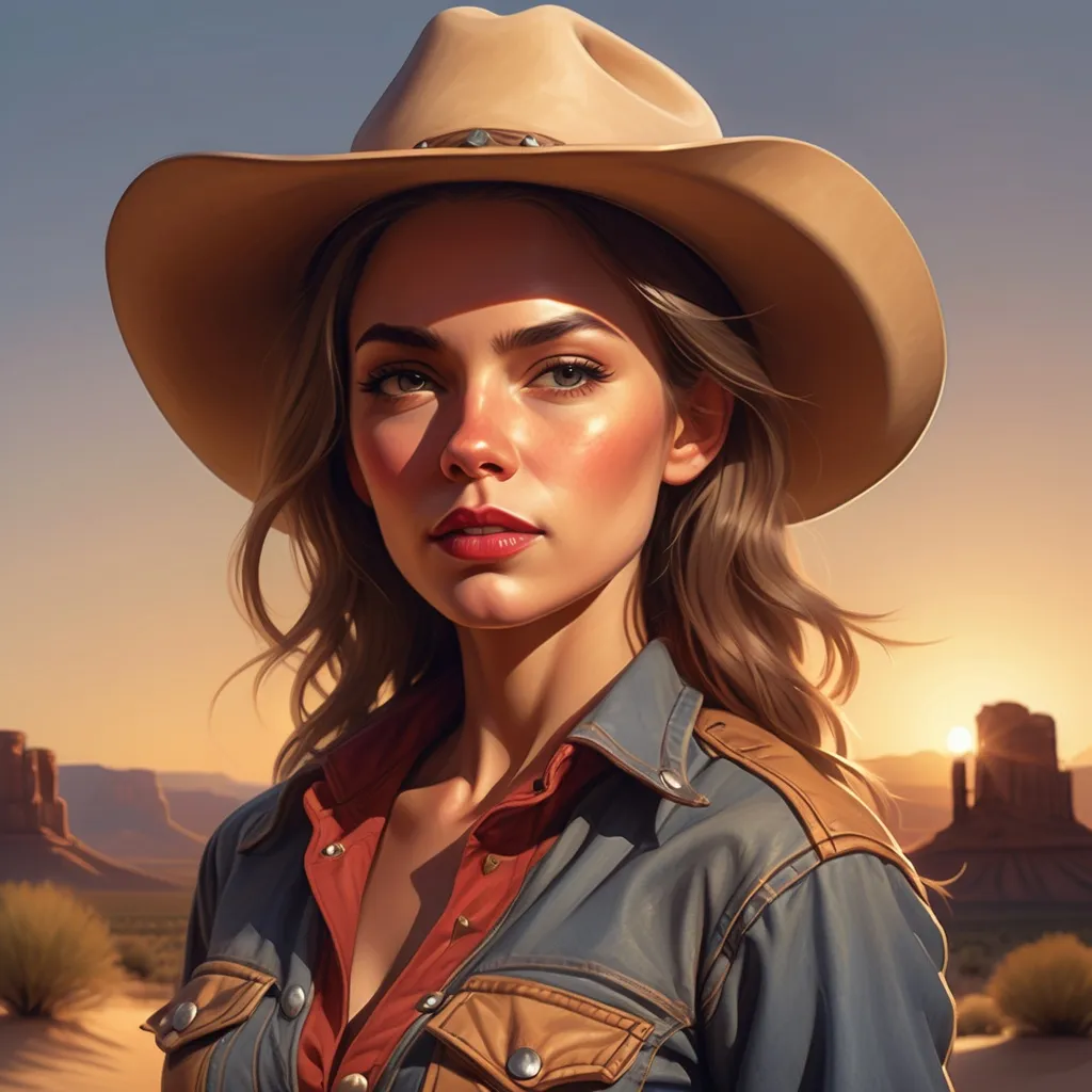 Prompt: (A captivating cowgirl), dressed in a rugged, stylish western outfit, with a wide-brimmed hat casting a shadow over her expressive face, standing confidently against a stunning desert landscape. The warm sunset casts golden hues on the sand and rocks, creating an adventurous and nostalgic ambiance. (High detail), (4K), with an emphasis on the beautifultones of red and orange illuminating the scene.