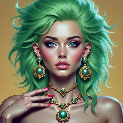 Prompt: a woman with green hair wearing a necklace and earrings with turquoise eyeshadow and gold jewelry set on her face, Artgerm, fantasy art, highly detailed digital painting, a photorealistic painting