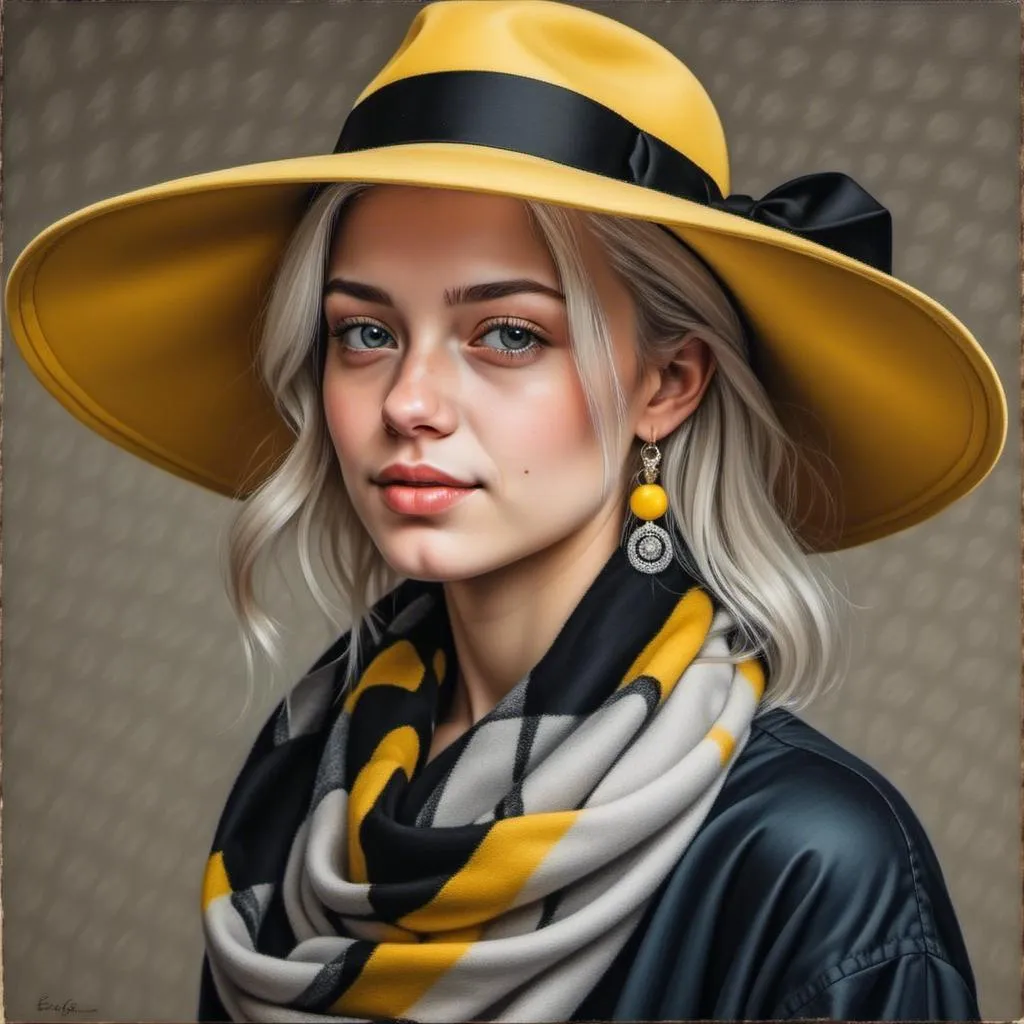 Prompt: <mymodel> a painting of a woman wearing a hat and a scarf with a yellow ribbon around her neck and earrings, Edwin Georgi, figurative art, extremely detailed oil painting, a photorealistic painting