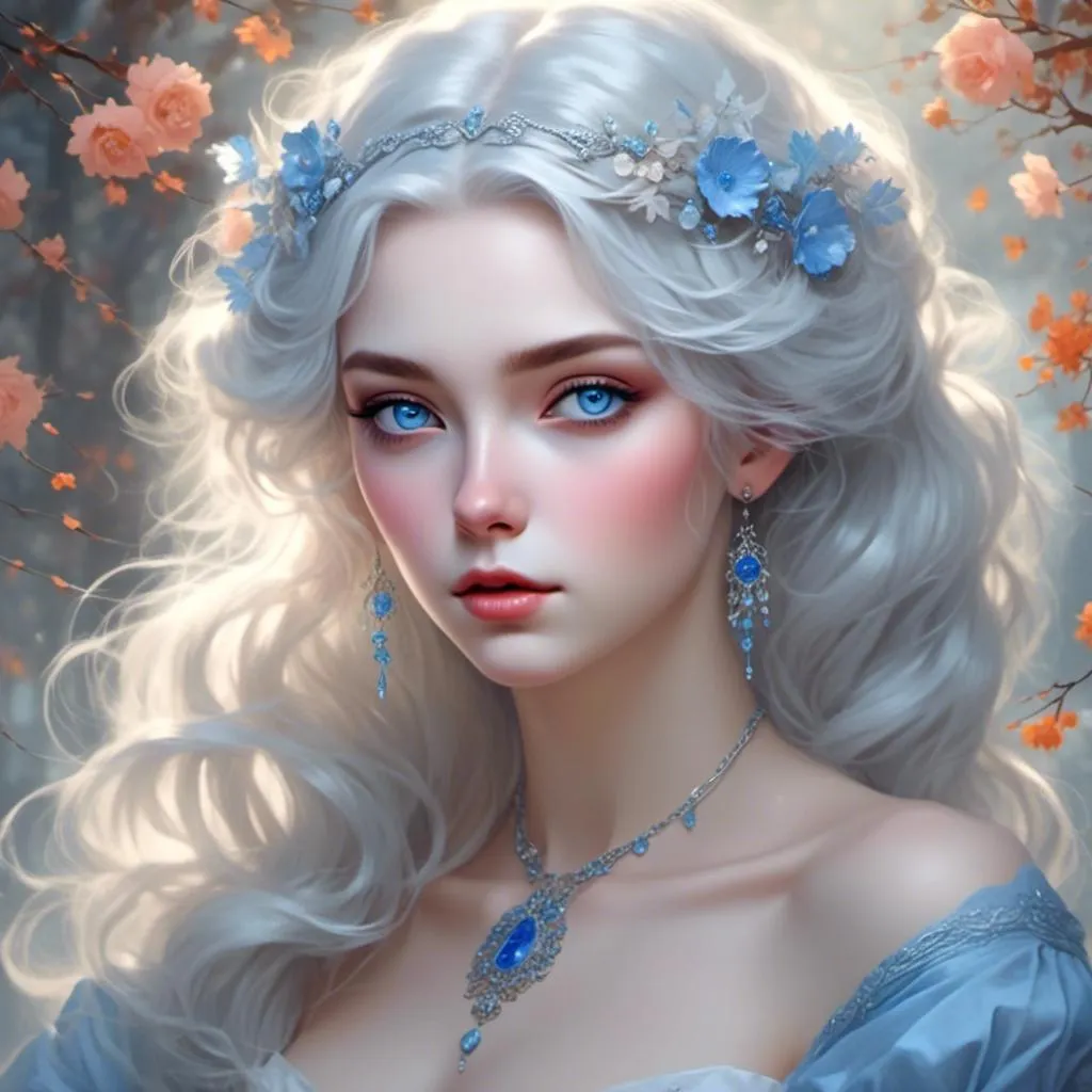 Prompt: <mymodel>A beautiful woman, snow white hair with pastel highlights, frosty blue eyes, blue eyeshadow, blue jewels on forehead