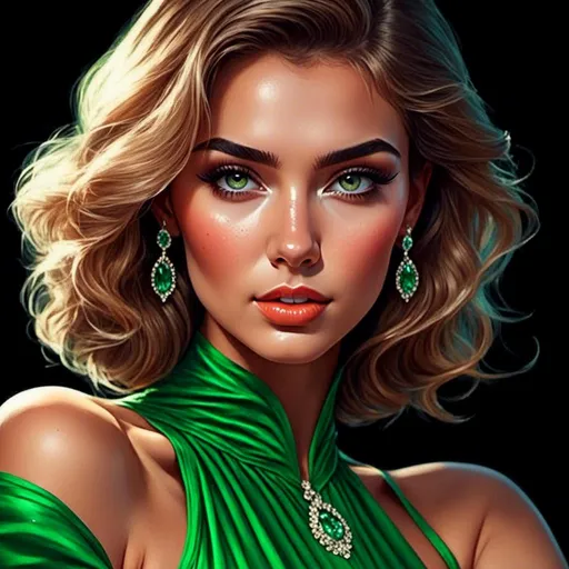 Prompt: <mymodel>Detailed illustration of a woman in vibrant green attire, large vivid green eyes, elegant makeup, digital painting, high resolution, realistic style, vibrant green, professional lighting