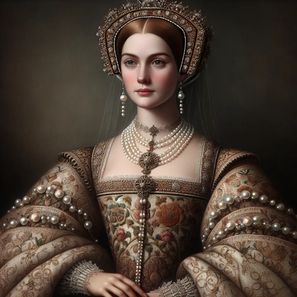 Prompt: a woman in a Tudor era dress with a tiara and pearls 