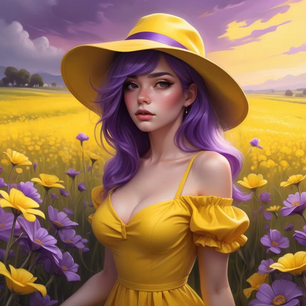 Prompt: a woman with purple hair wearing a yellow dress and a yellow hat in a field of flowers with a purple sky, Artgerm, fantasy art, trending on art station, a digital painting