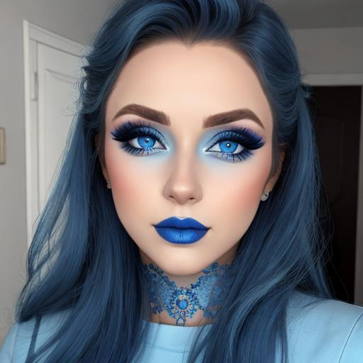 Prompt: A woman all in blue, blue eyes, pretty makeup