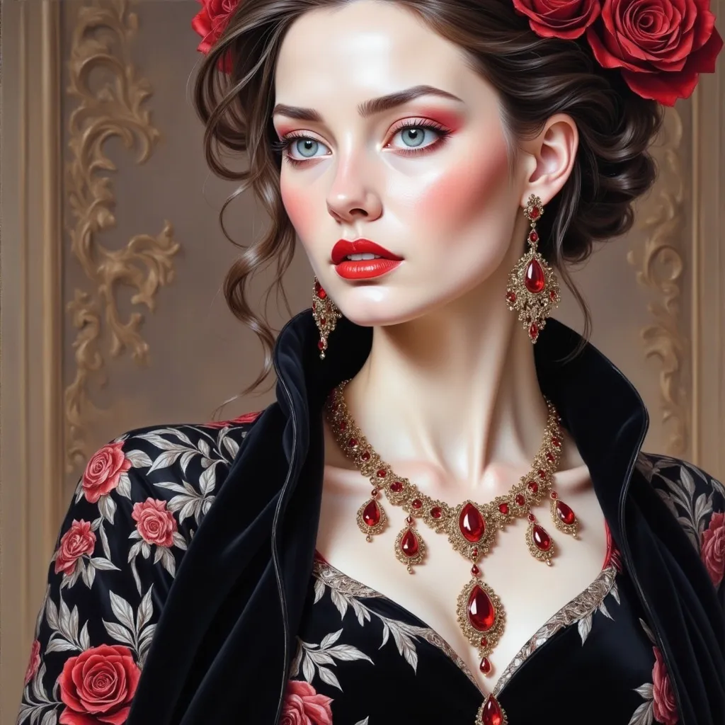 Prompt: a woman with a necklace and earrings on her neck and a red lip and a black dress on her chest, Edwin Georgi, gothic art, highly detailed digital painting, a photorealistic painting