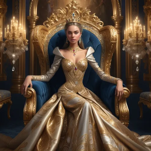 Prompt: Regal queen, adorned in a lavish gown shimmering with jewels, seated upon an ornate golden throne, surrounded by rich fabrics and intricate patterns, atmospheric soft lighting radiates elegance. The background features a majestic castle interior, contributing to a grand and royal ambiance. High detail and ultra-detailed, capturing the essence of royalty and sophistication perfectly.