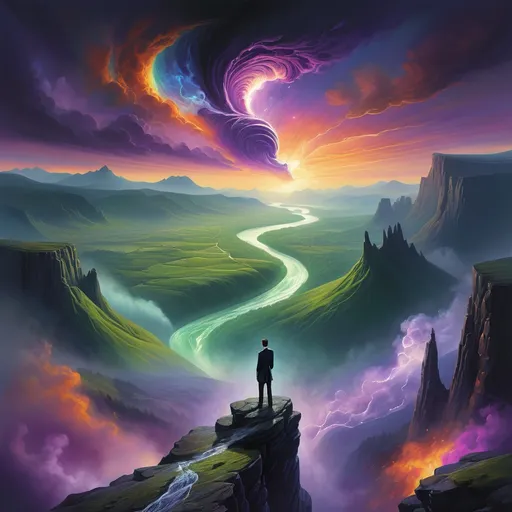 Prompt: Standing on a rugged cliff, a lone figure in a dark suit gazes across a breathtaking landscape where deep green mountains erupt from swirling mists. A majestic river winds its way through the valley, glistening beneath a celestial sky painted with vibrant colors, including purples and golds that hint at a distant sun rising or setting. Above, a massive, surreal planet looms, surrounded by fluffy clouds and a radiant cosmic light, casting an ethereal glow over the scene. The overall composition creates a sense of wonder and grandeur, evoking themes of exploration and the infinite possibilities of a vast universe. The harmonious blend of natural beauty and cosmic elements creates a dreamlike atmosphere, inviting contemplation and awe.