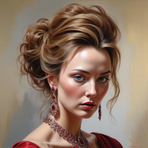 Prompt: <mymodel>Realistic oil painting of a powerful and elegant woman, flowing red gown, intricate jewelry, captivating gaze, detailed facial features, high quality, realistic, oil painting, elegant, flowing gown, powerful, captivating gaze, detailed facial features, intricate jewelry, professional lighting