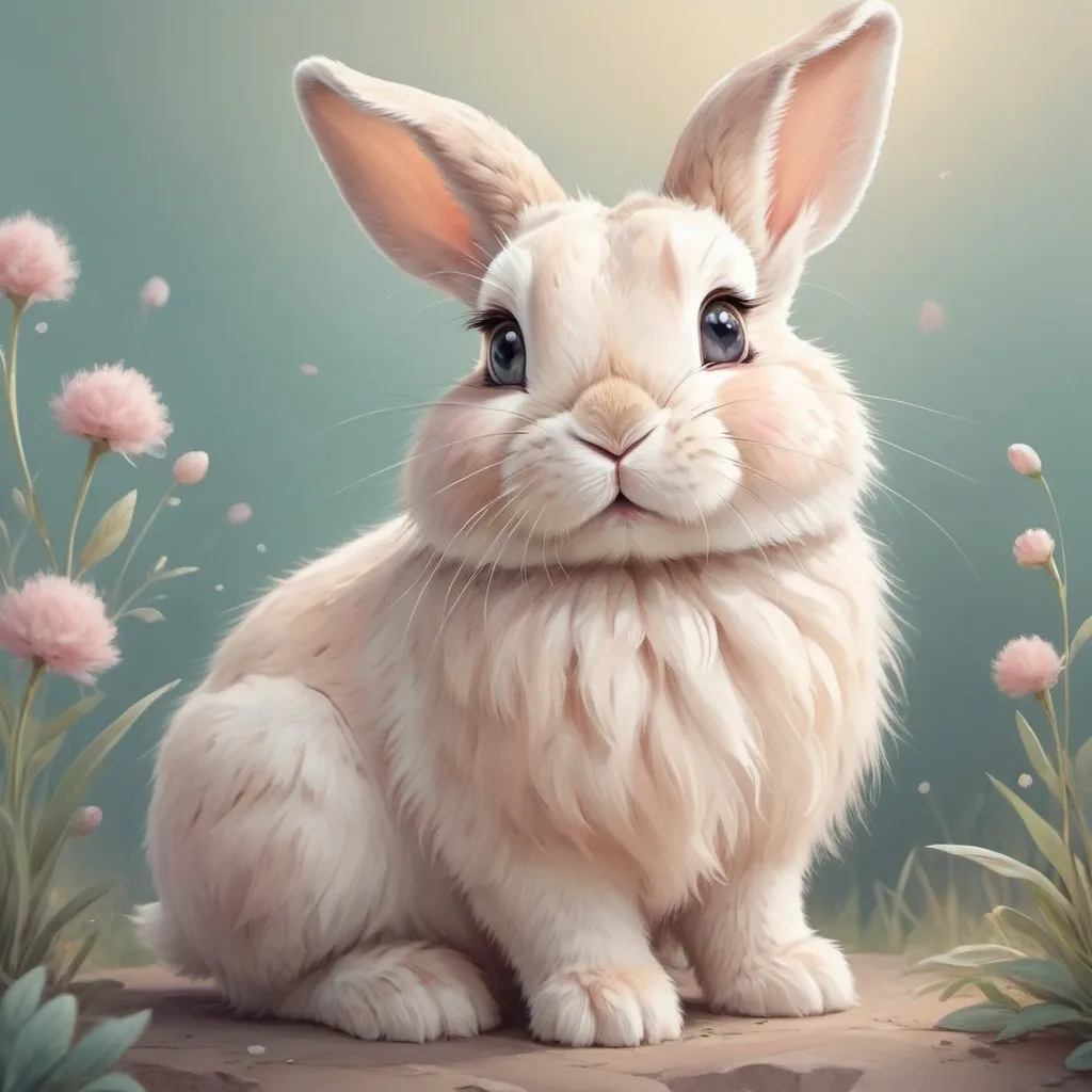 Prompt: High-quality illustration of a cute bunny, soft and fluffy fur, adorable round eyes, playful expression, pastel color palette, whimsical and dreamy style, detailed features, gentle and warm lighting, digital painting, pastel colors, cute, dreamy, whimsical, detailed fur, adorable eyes, soft lighting