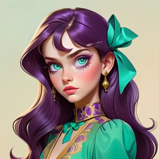 Prompt: Vintage-inspired illustration of a girl, purple and gold attire, aqua green eyes