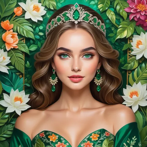 Prompt: Radiating a regal aura, a striking young woman is framed by a lush tapestry of green leaves and vibrant flowers in a mesmerizing portrait. Her long, wavy hair cascades gracefully, accented by a bejeweled headpiece that catches the light, while her vivid emerald-green eyes draw the viewer in with an enchanting gaze. Dressed in an intricately patterned gown that mirrors the surrounding foliage, she exudes elegance and confidence. The scene is rich in detail, showcasing a harmonious balance of color and texture, enhanced by warm, soft lighting that casts a serene glow over the entire composition, creating a mood that is both captivating and ethereal. This artistic portrayal evokes a sense of beauty intertwined with nature, suggesting a narrative of grace and enchantment.