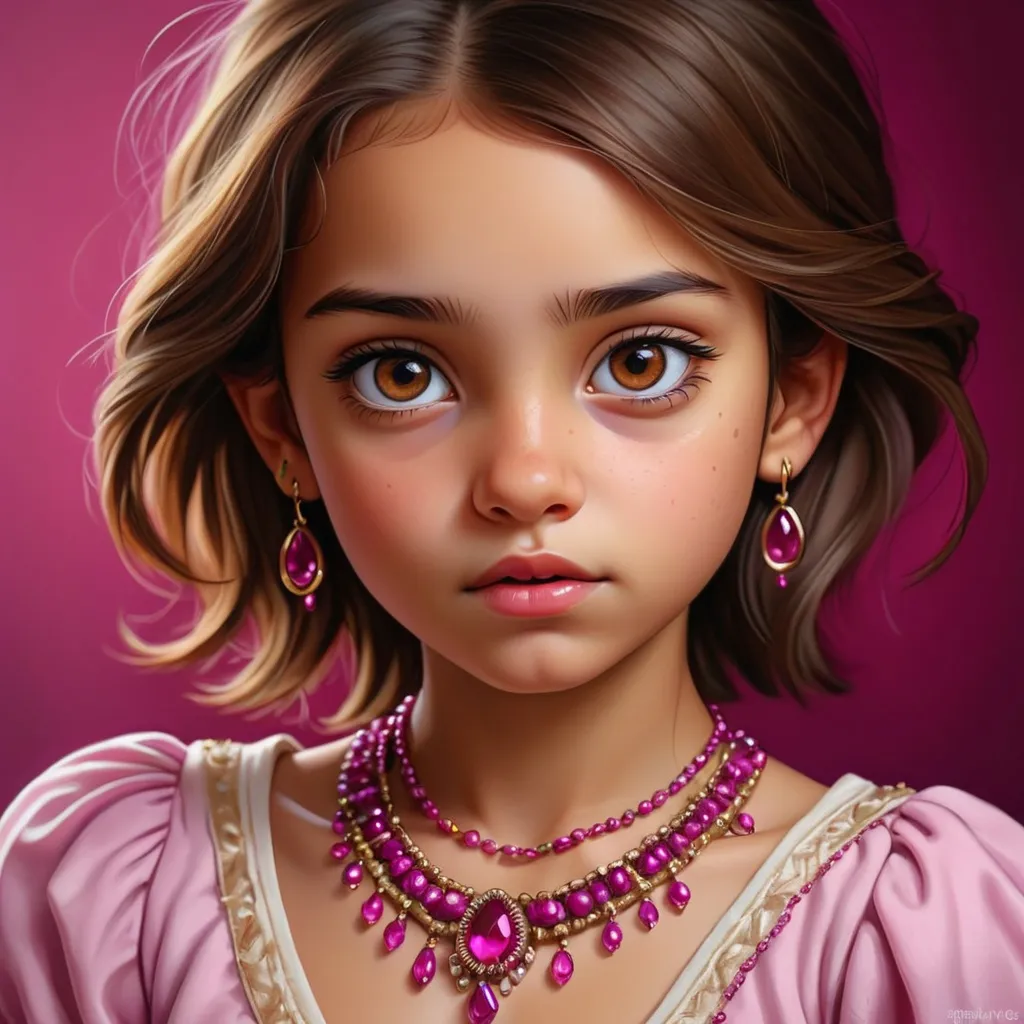 Prompt: Detailed realistic digital portrait of a young girl, brown eyes, magenta jewelry