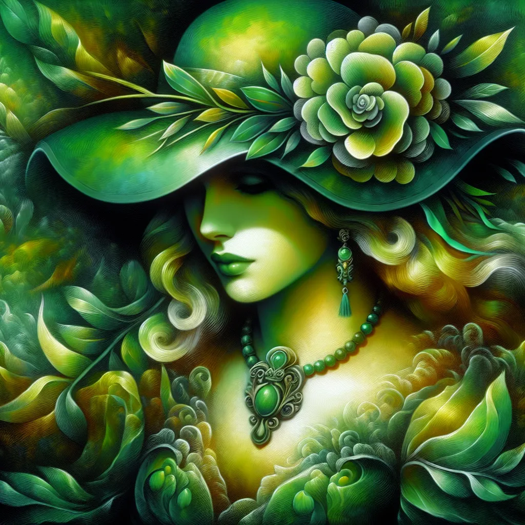 Prompt: a woman wearing a green hat with a green flower on it's head and a green necklace and earrings, Charlie Bowater, fantasy art, highly detailed digital painting, a detailed painting