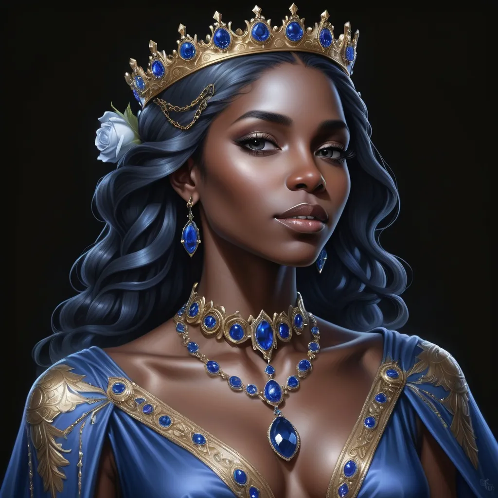 Prompt: a stunning dark skinned black woman with a crown on her head and a necklace on her neck of sapphires, in a blue dress with flowers, Anne Stokes, fantasy art, highly detailed digital painting, a detailed painting