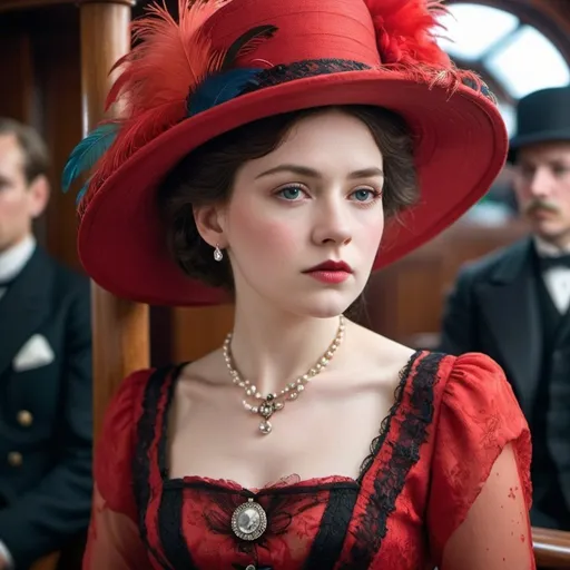 Prompt: <mymodel>fashionable 1st class  female passenger on the Titanic, pale skin, dark styled hair, large lips,  looking sad, facial closeup, vibrant colors, red dress and elaborate hat with feathers
