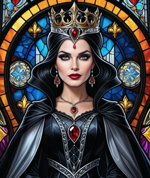 Prompt: an evil queen with a crown on her head in front of a stained glass window photo by alex klos, Anne Stokes, gothic art, highly detailed digital painting, a detailed drawing